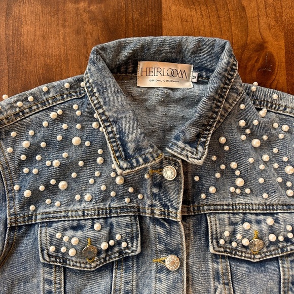 Heirloom Bridal Pearl-Embellished Denim Jacket | "Mrs. Whitney" | Size M - Picture 3 of 4